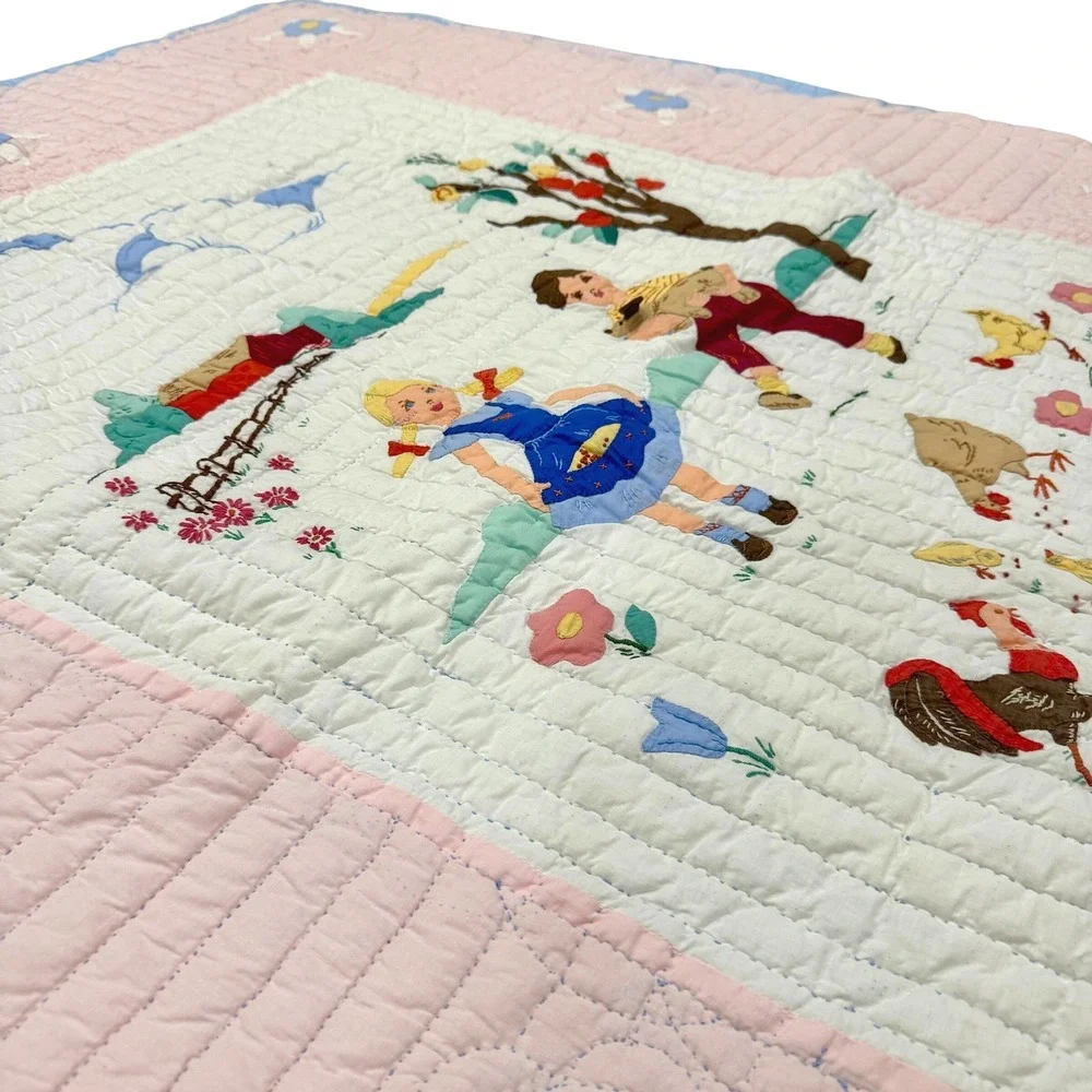 C.1930s Hand Appliqué Quilt Farm Children Pictorial Folk Art 63.5